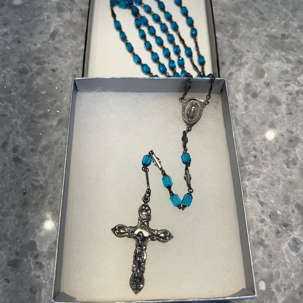 Rare Antique Aqua Sterling Silver Rosary
